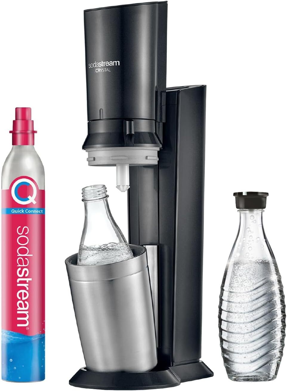 Crystal 3.0 Wassersprudler mit 1x Quick-Connect CO2-Zylinder und 2X Glaskaraffen, Silber, Schwarz, Titan, 45 cm